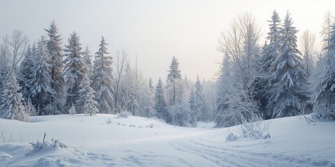 Fototapeta premium Snow-covered forest scene seasonal change, winter landscape, Earth Day