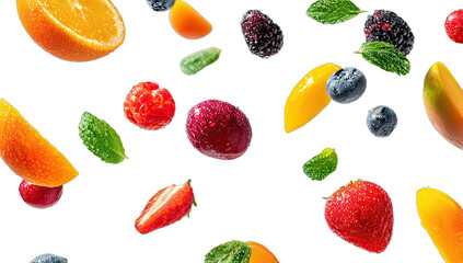 Vibrant assortment of fresh fruits and mint leaves scattered