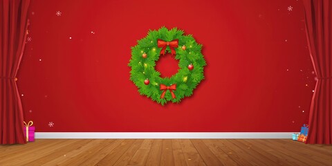 Christmas banner with red interior decor and wreath, seasonal holiday signage design