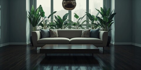 Obraz premium Living room in a contemporary apartment featuring cozy seating, a wooden table, and potted plants by the window, focused on interior design