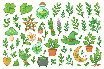 Whimsical nature stickers with plants, mushrooms, and witchy elements
