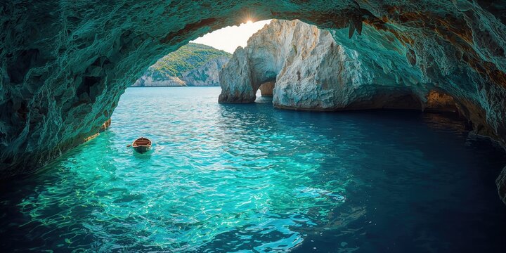 Multiple sea caves with clear waters and varying blue shades, ideal for geological and erosion studies