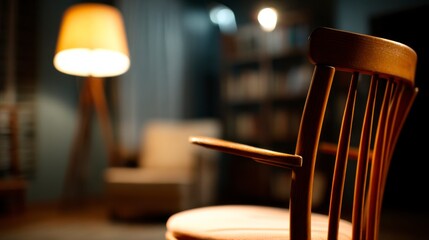 Warm Wood Chair in Cozy Indoor Setting with Soft Lighting and Bookshelves