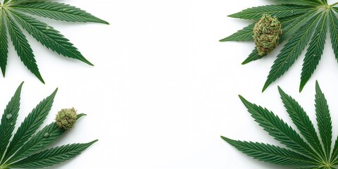 Close-up of marijuana buds and leaves on a white background for medicinal use, health regulation awareness
