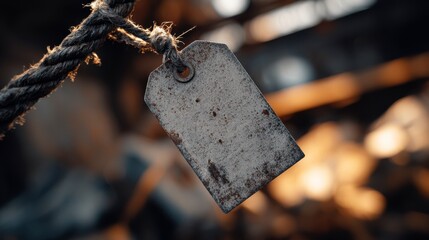 Weathered Metal Tag Hanging From Rope With Soft Focus Background of Blurred Wood