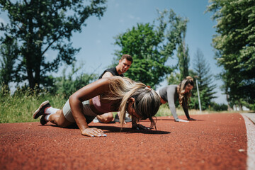 A group of people participating in an outdoor workout session, performing exercises on a sunny day in a natural park. The scene conveys teamwork, health, and an active lifestyle.