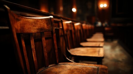 Weathered Wooden Chairs in a Dimly Lit Historic Room with Warm Ambient Lighting