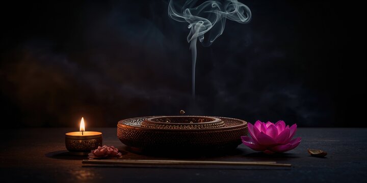 Incense stick on wooden stand with gold decorations and lotus candle, highlighting tranquility and spiritual practice, World Meditation Day