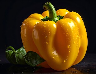 Glossy yellow bell pepper with water droplets, near dark green leaves against a dark, textured background