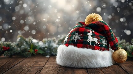 girl in santa hat with christmas tree