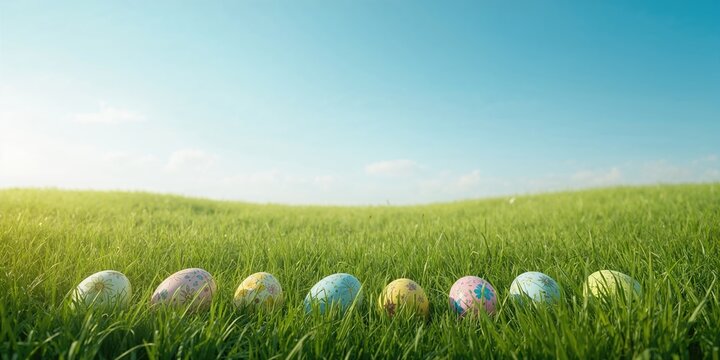 Decorated Easter eggs resting on grass surface, highlighting festive craft activities and springtime traditions