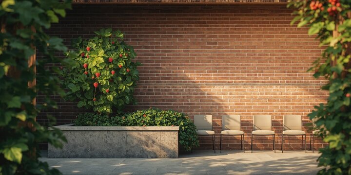 Outdoor patio with brick wall and stone ledge, hosting various potted plants like strawberries and ivy, serving as landscaping decor
