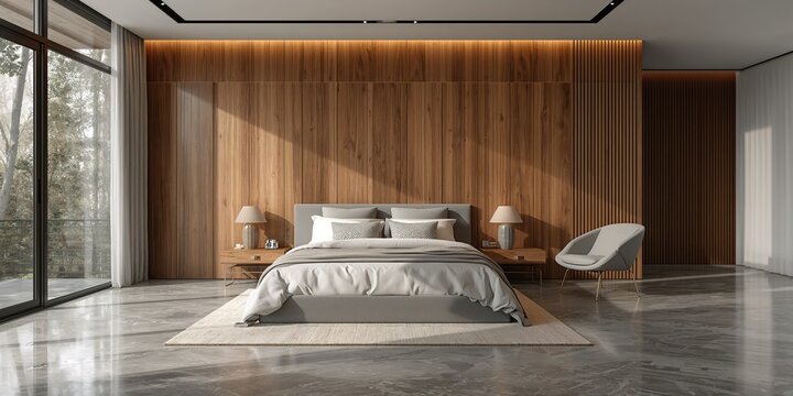 Contemporary bedroom with wooden wall panels, designed for relaxation and aesthetic appeal