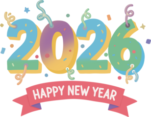 Happy New Year 2026 Party Illustration with Colorful Numbers, Confetti, and Ribbon Banner.