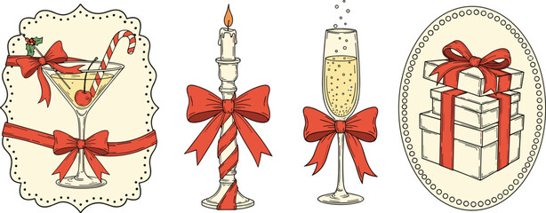 Holiday celebration illustration, festive drinks, gift boxes, red ribbon decor, candlelight, vector art, cad drawing flat vector illustration