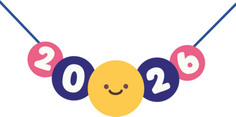 Cute Happy New Year 2026 Garland Banner with Smiling Face.