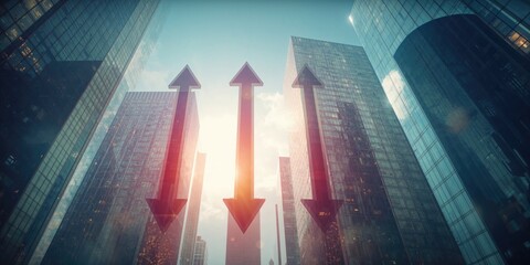Urban financial district with tall buildings and declining trend indicators, stock market analysis