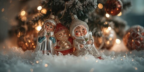 Vintage Christmas glass ornaments from the 1980s and 1990s featuring Santa Claus and a snow maiden, holiday decoration collection
