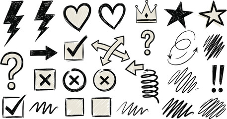 Hand-drawn symbol illustration, sketch icons, arrows hearts stars, check marks, question exclamation, vector art, cad drawing flat vector illustration