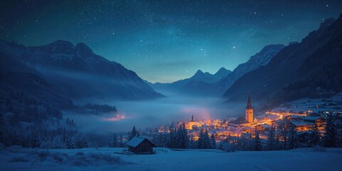 Nighttime aerial perspective of a village glow with starry sky and mountain backdrop, highlighting evening landscape