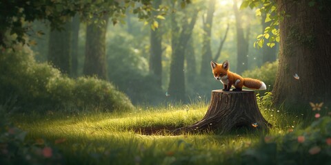 Obraz premium Wild fox among trees and a fallen stump in a forest setting, highlighting habitat preservation efforts