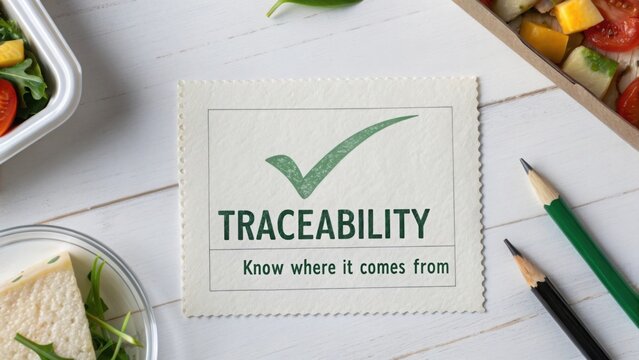 Food traceability label with green checkmark and text