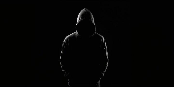 Silhouette of a man wearing a hoodie against a black background, anonymity and urban style