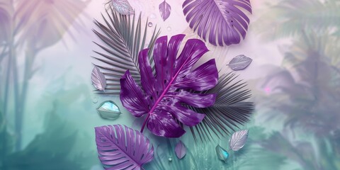 Purple leaves flat lay with supernatural theme for tropical background design, suitable for visual layout projects