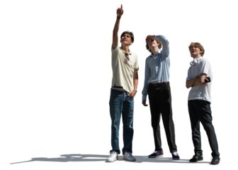 Three teenage boys standing in the street and looking up, isolated on white and transparent background