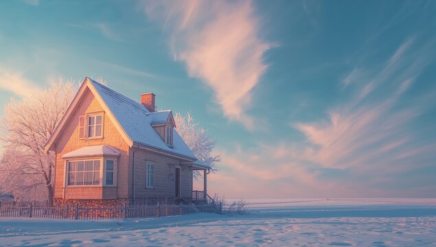 House corner with snow on the roof and leafless trees in the background, winter weather conditions