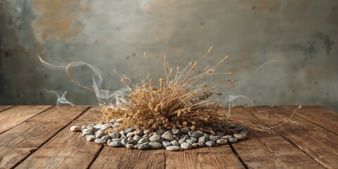 Fototapeta premium Dry weeds and stones create a natural textured background suitable for outdoor design elements, Earth Day