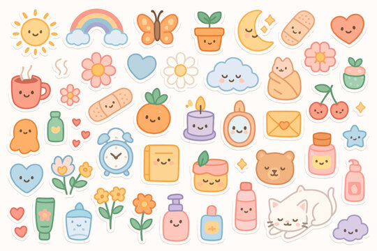 Cute cartoon stickers of animals, flowers, and objects in pastel colors