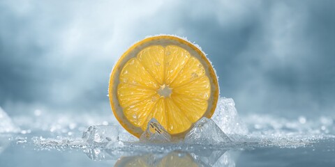 Frozen lemon slice with ice and frost, natural preservation and refreshment