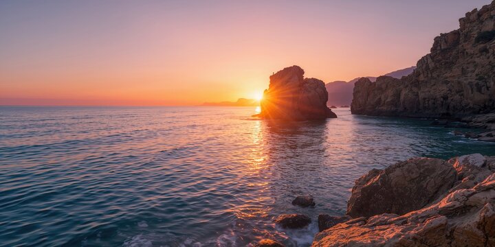 Winter coastal scene at dawn with calm waters and clear sky, ideal for editorial header background - Powered by Adobe