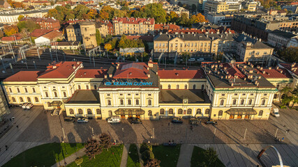 Dron morning view of Krakow Glowny railway station in Krakow, Poland, showing historic architecture.