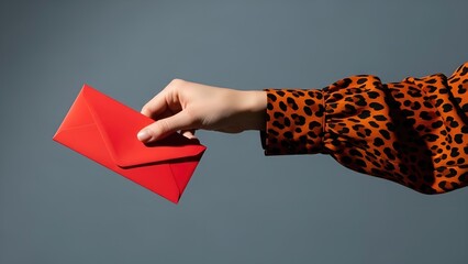 Elegant Woman's Hand in Leopard Print Blouse Holding a Vibrant Red Envelope