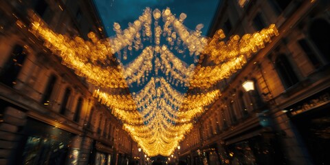 Motion-blurred Christmas lights in an abstract display, suitable for seasonal design elements