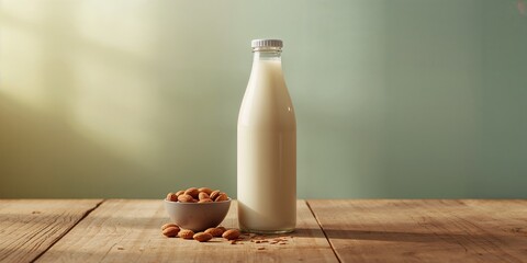 A bottle of almond milk with almonds in a bowl on colorful background, highlighting plant-based drinks