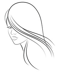 Black and white line drawing of a woman with  flowing hair.