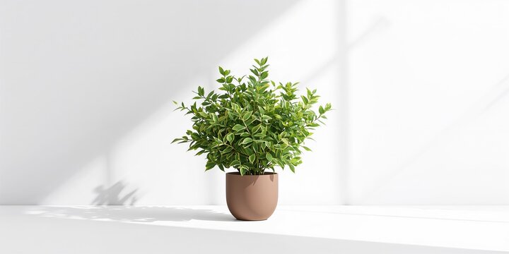 Fake euonymus shrub in a brown container serving as a green decor element, focusing on interior styling