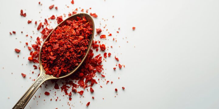 Aleppo pepper flakes displayed on an antique spoon, highlighting spice texture and artisanal cookware