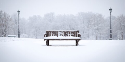 A snow-covered park bench during winter weather, seasonal change and outdoor seating in cold conditions