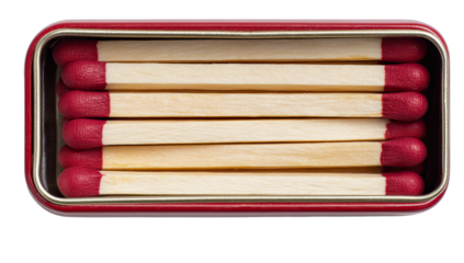 Red-tipped wooden matches neatly arranged in a red metal box