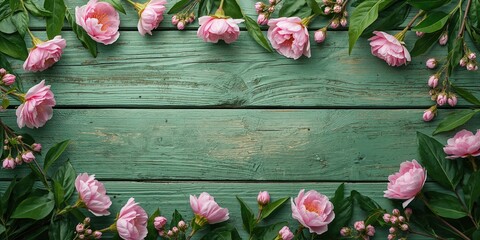Pink almond flowers with buds and leaves on green wooden background, seasonal bloom for spring awareness