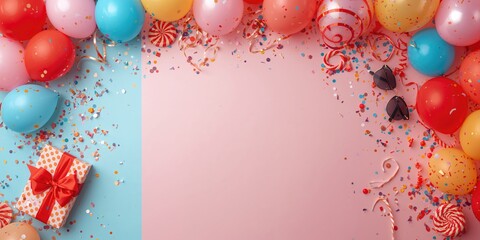 Balloons, presents, and confetti on a colorful background used for festive event decoration, International Day of Happiness
