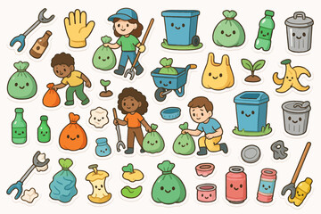 Cartoon characters practicing eco-friendly recycling and waste management activities
