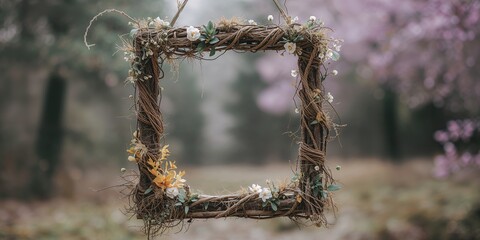Square frame made from branches with ornamental details for bohemian-themed decor, useful as a decorative backdrop