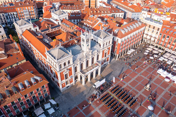 Drone view of historic Plaza Mayor and Ayuntamiento building in Valladolid, Spain. Tourist travel.