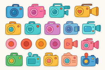 Colorful cartoon camera and video icons collection on white background