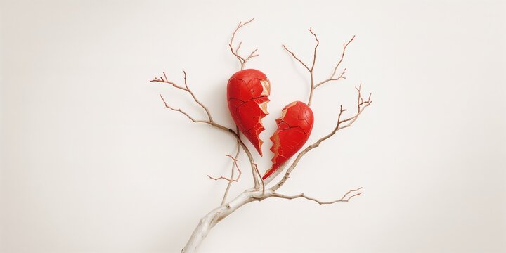 Fragmented heart outline on white tree against a white backdrop, symbolizing emotional loss